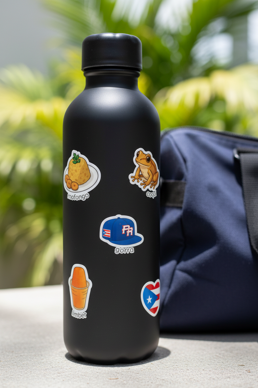Vocabulario Boricua Stickers on water bottle